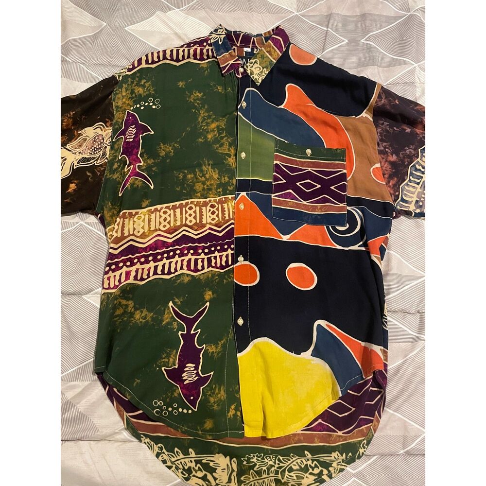 Java Lava Men’s XL Hawaiian Shirt Shark Turtle Tribal Print 100% Rayon